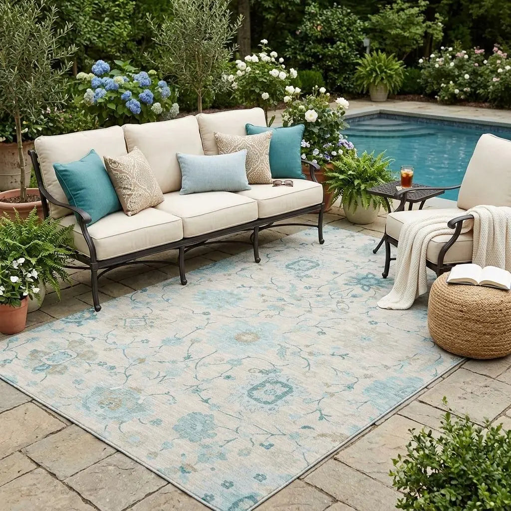 5' X 8' Linen And Ivory Floral Washable Indoor Outdoor Area Rug Homeroots Outdoor