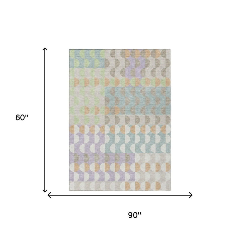 5' X 8' Linen And Ivory Geometric Washable Indoor Outdoor Area Rug Homeroots Outdoor