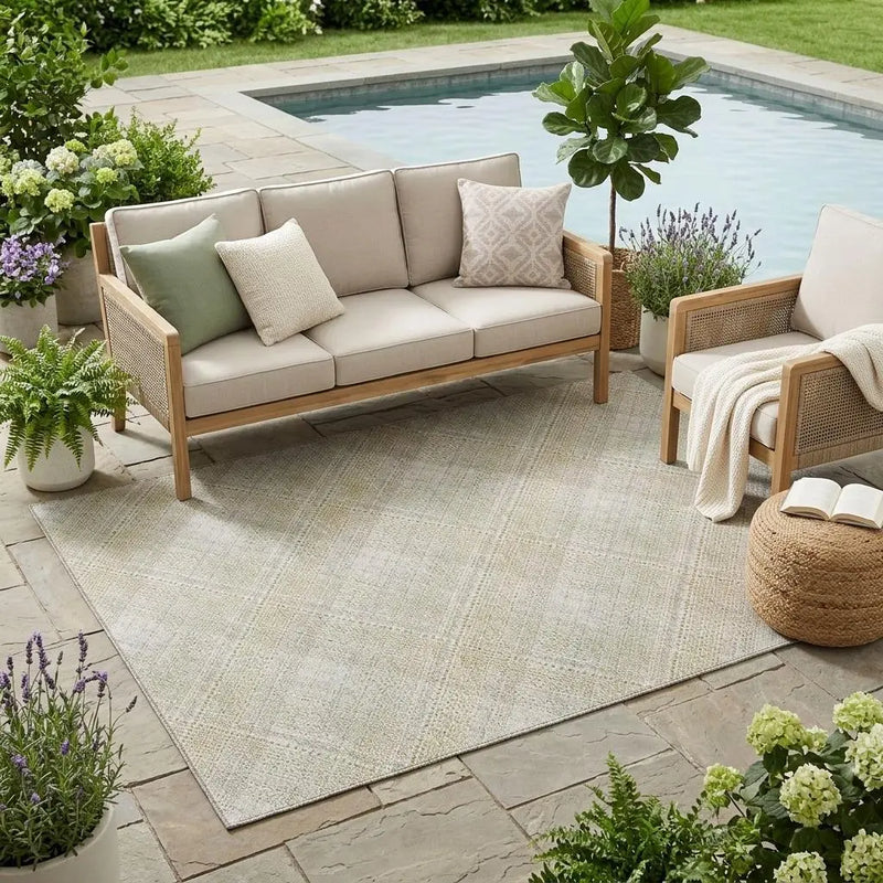 5' X 8' Linen And Ivory Plaid Washable Indoor Outdoor Area Rug Homeroots Outdoor