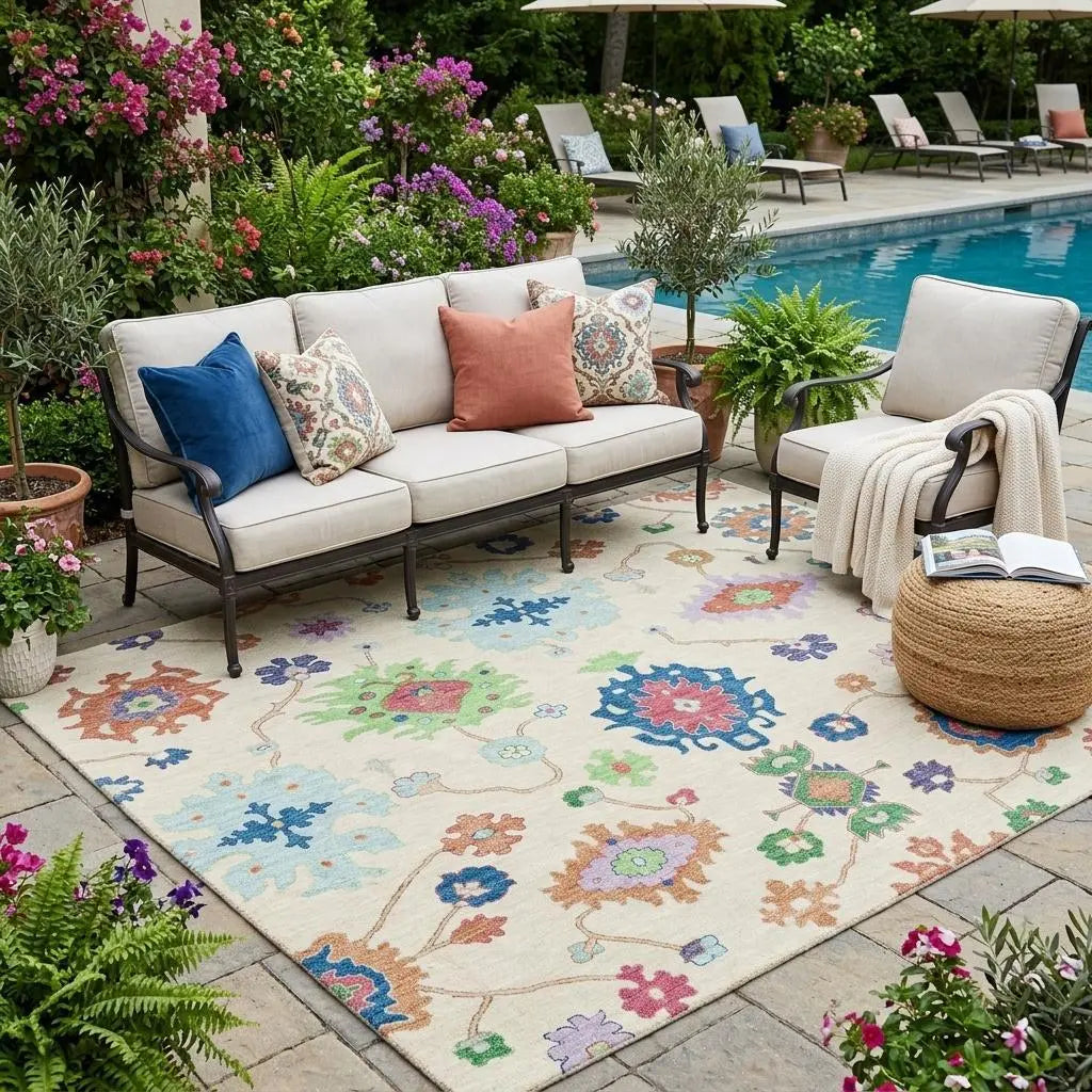 5' X 8' Linen And Navy Blue Oriental Washable Indoor Outdoor Area Rug Homeroots Outdoor