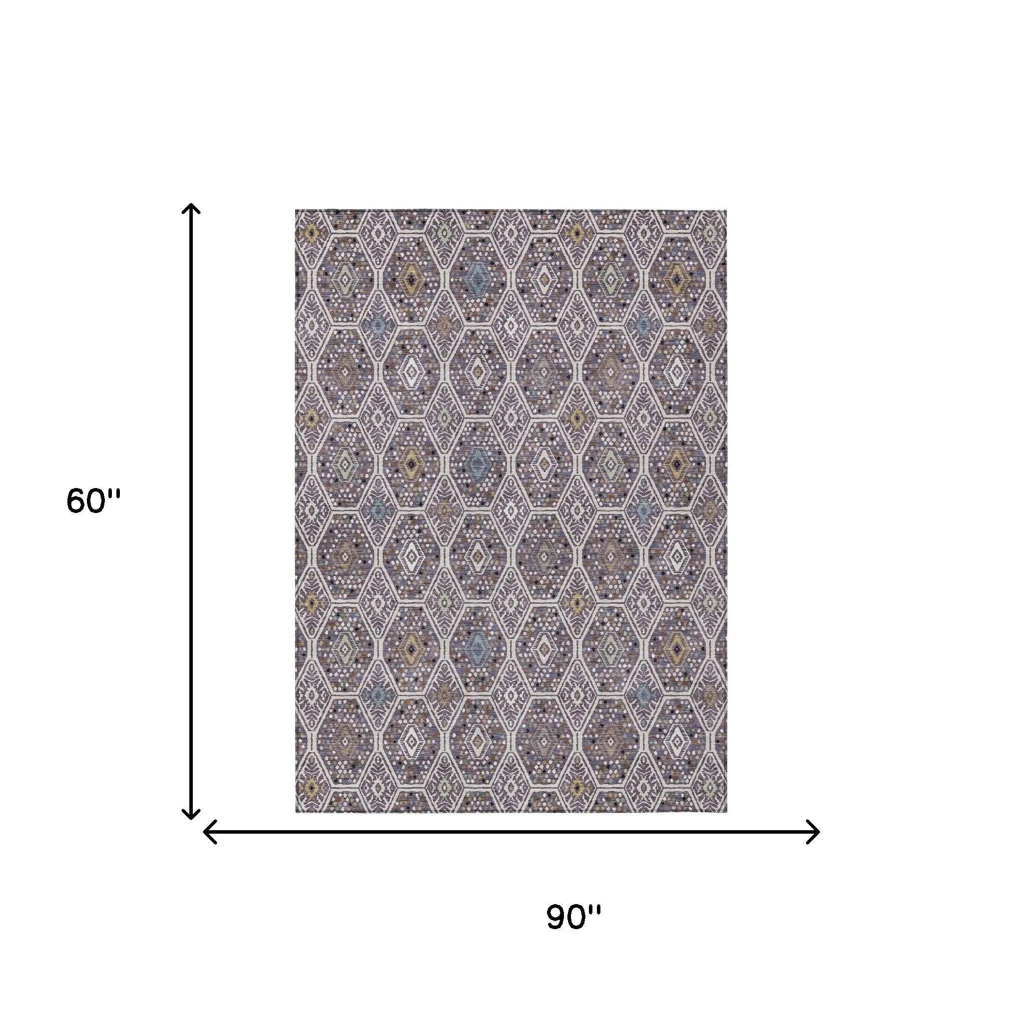 5' X 8' Linen And Plum Geometric Washable Indoor Outdoor Area Rug Homeroots Outdoor