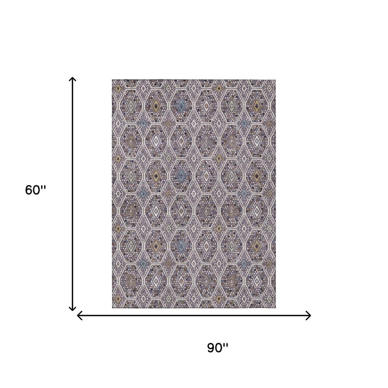 5' X 8' Linen And Plum Geometric Washable Indoor Outdoor Area Rug Homeroots Outdoor