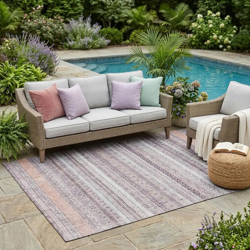 5' X 8' Mauve And Pink Striped Washable Indoor Outdoor Area Rug Homeroots Outdoor