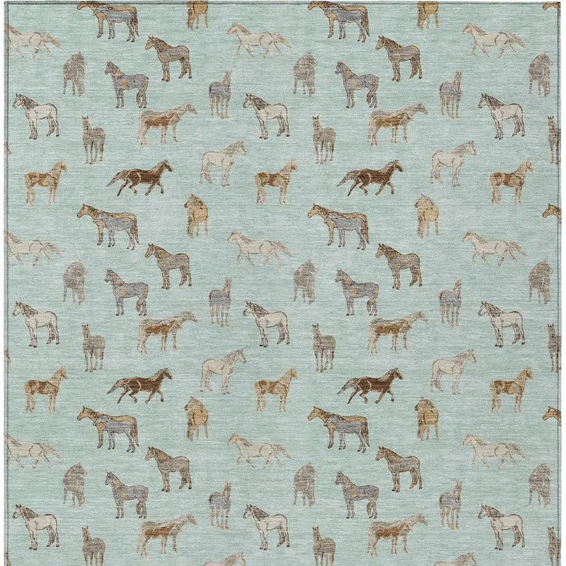 5' X 8' Mint Green And Beige Horse Washable Indoor Outdoor Area Rug Homeroots Outdoor