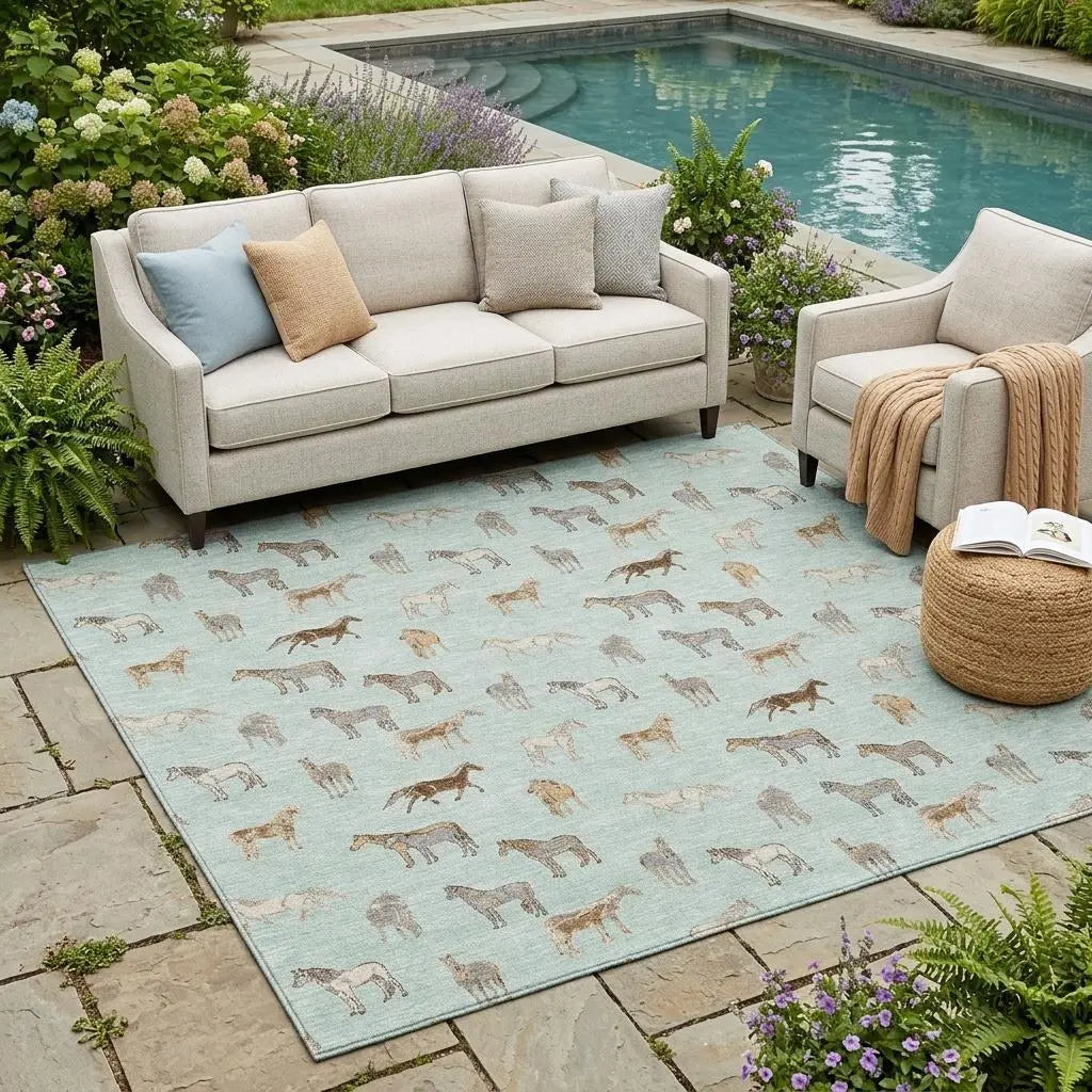 5' X 8' Mint Green And Beige Horse Washable Indoor Outdoor Area Rug Homeroots Outdoor