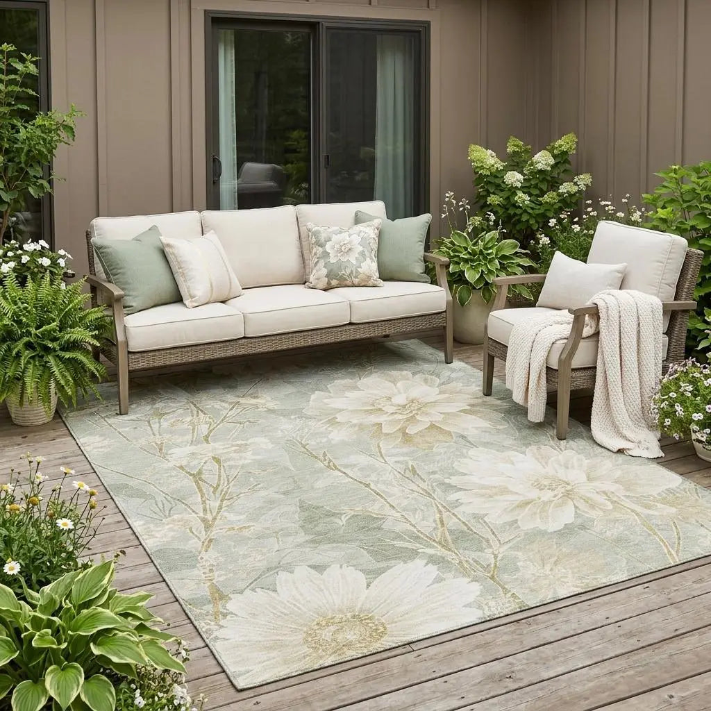 5' X 8' Mint Green And Green Floral Washable Indoor Outdoor Area Rug Homeroots Outdoor