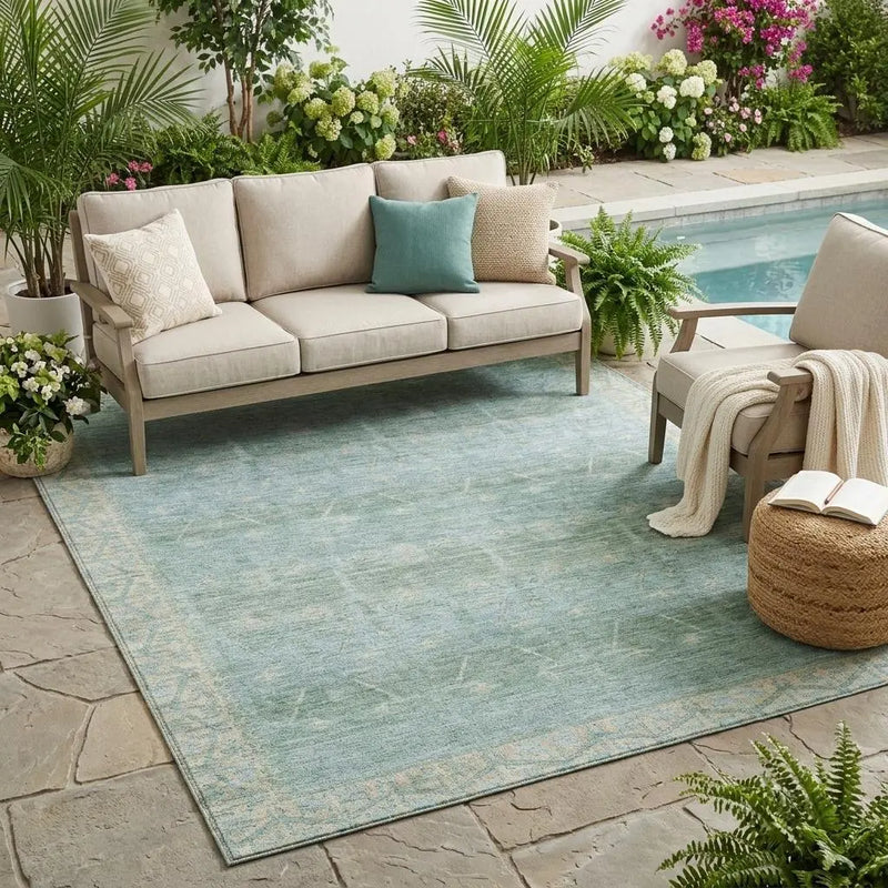 5' X 8' Mint Green And Green Tribal Washable Indoor Outdoor Area Rug Homeroots Outdoor