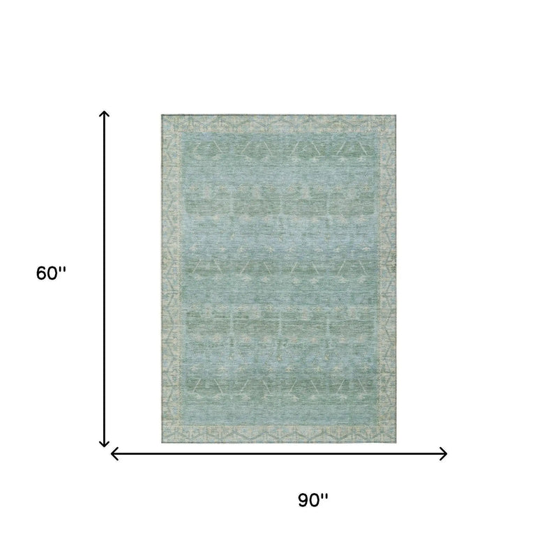 5' X 8' Mint Green And Green Tribal Washable Indoor Outdoor Area Rug Homeroots Outdoor