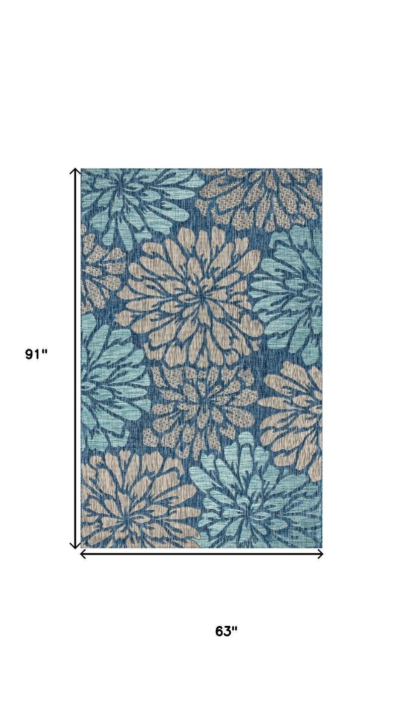 5' X 8' Navy Blue And Aqua Floral Indoor Outdoor Area Rug Homeroots Outdoor