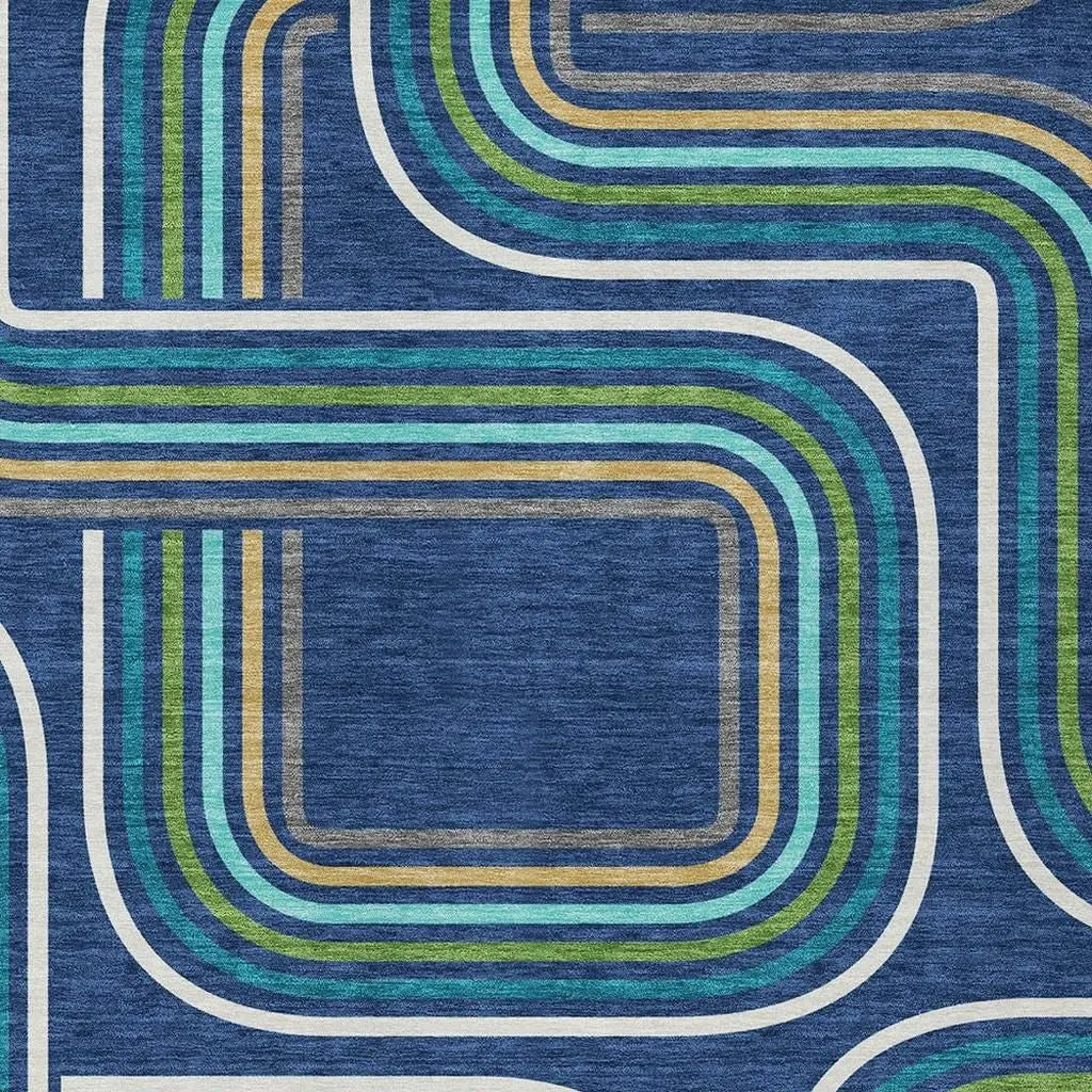 5' X 8' Navy Blue And Aqua Geometric Washable Indoor Outdoor Area Rug Homeroots Outdoor