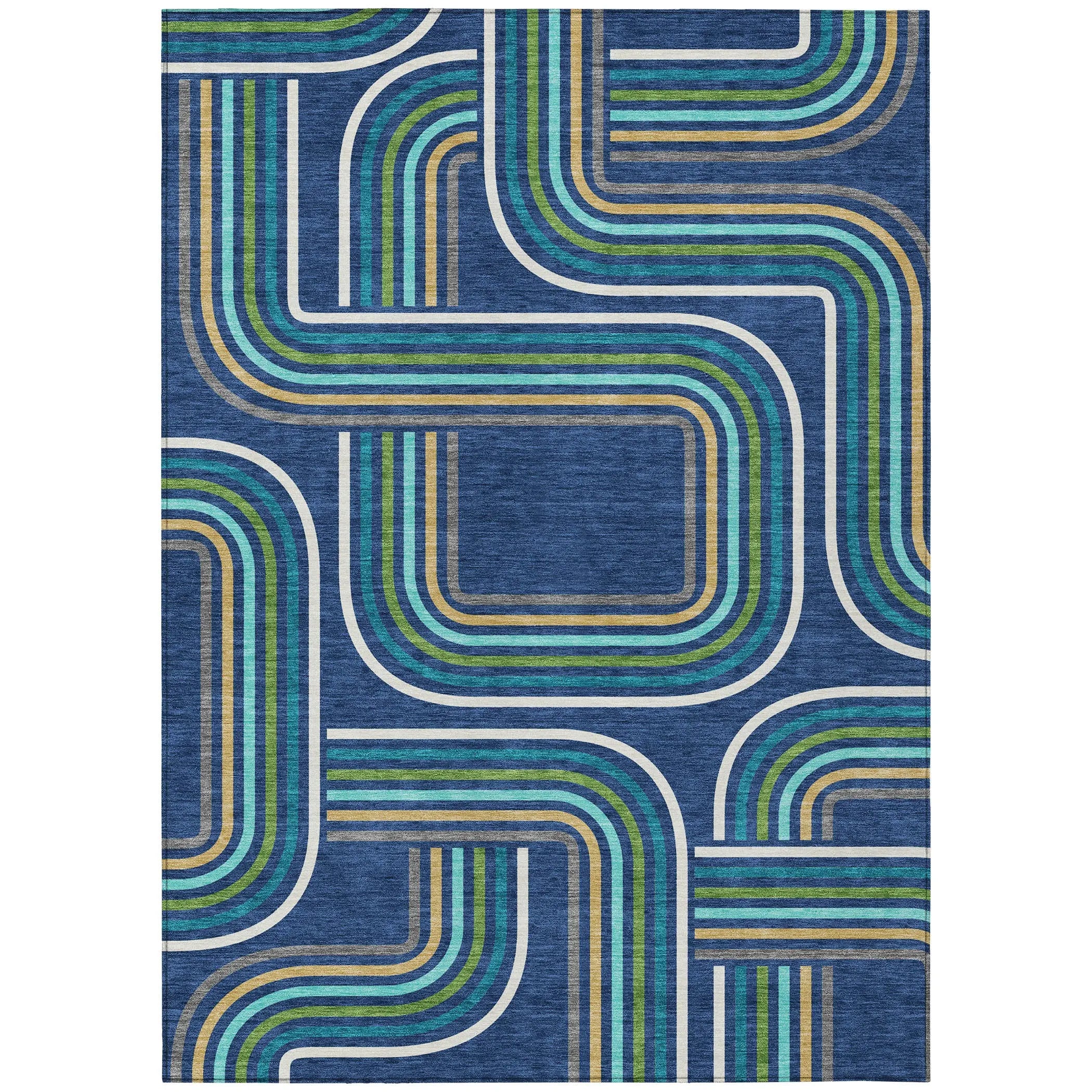 5' X 8' Navy Blue And Aqua Geometric Washable Indoor Outdoor Area Rug Homeroots Outdoor