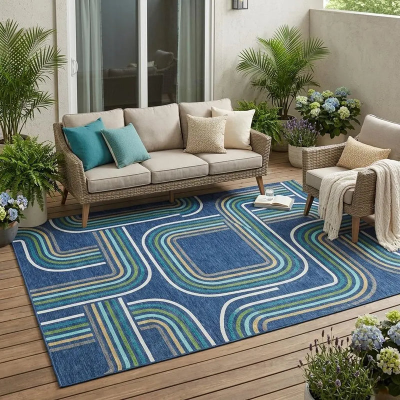 5' X 8' Navy Blue And Aqua Geometric Washable Indoor Outdoor Area Rug Homeroots Outdoor