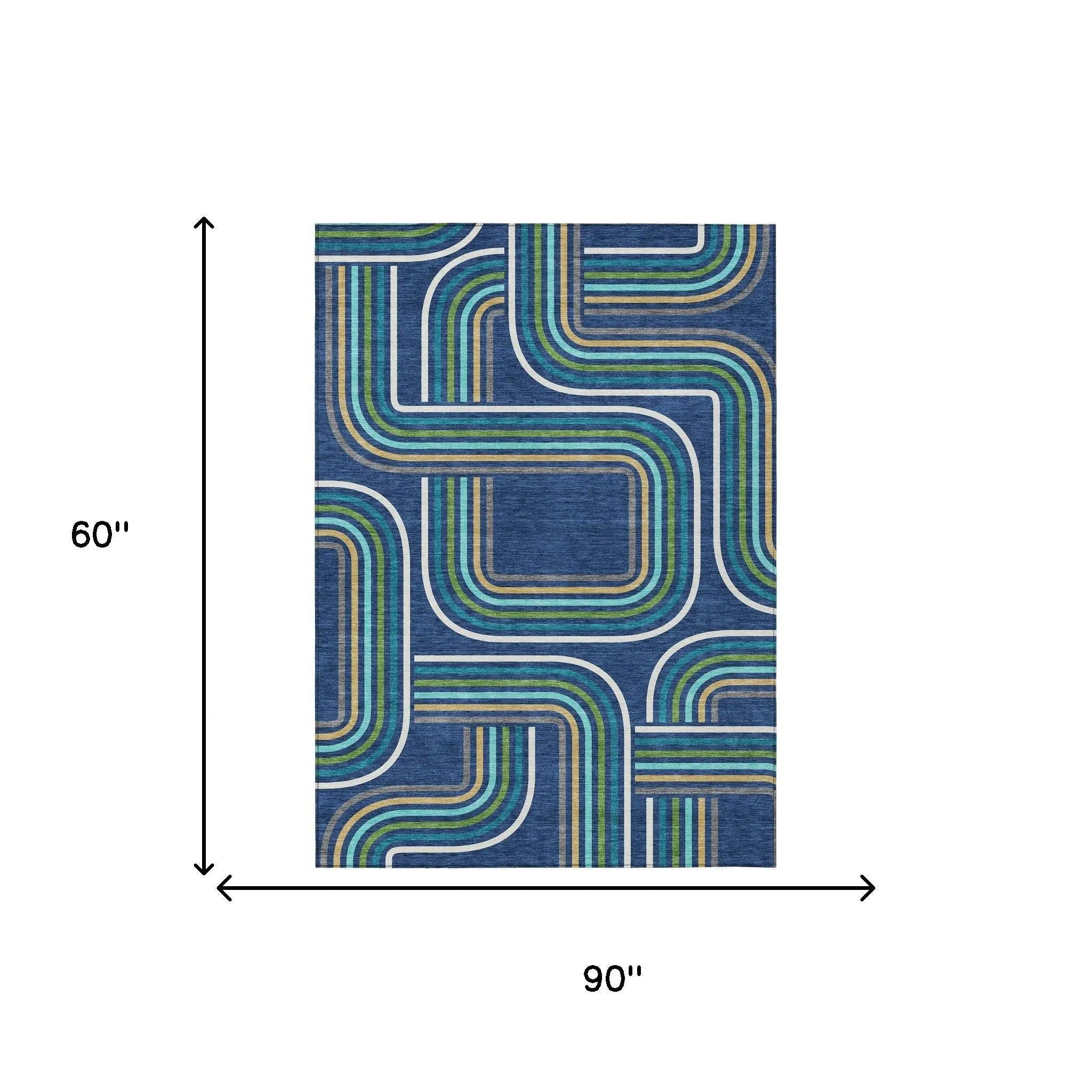 5' X 8' Navy Blue And Aqua Geometric Washable Indoor Outdoor Area Rug Homeroots Outdoor