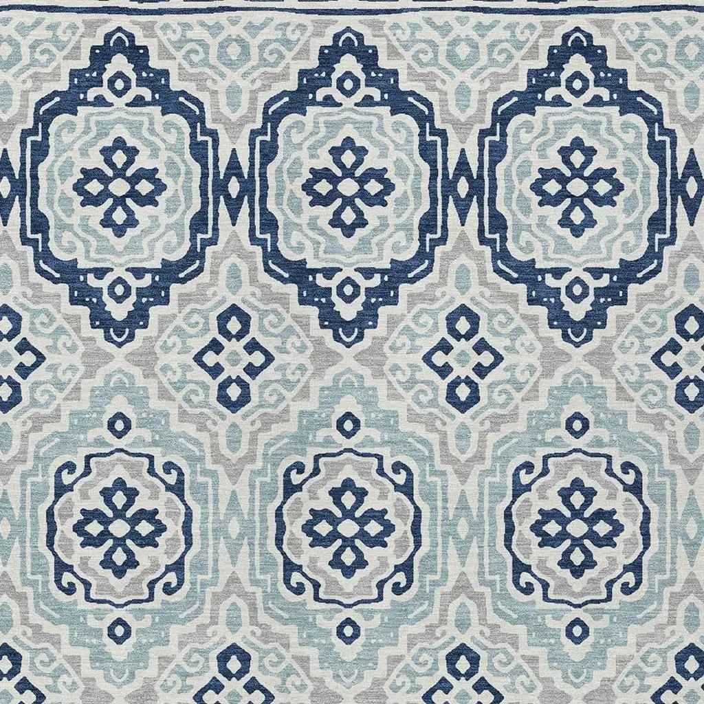5' X 8' Navy Blue And Aqua Tribal Washable Indoor Outdoor Area Rug Homeroots Outdoor