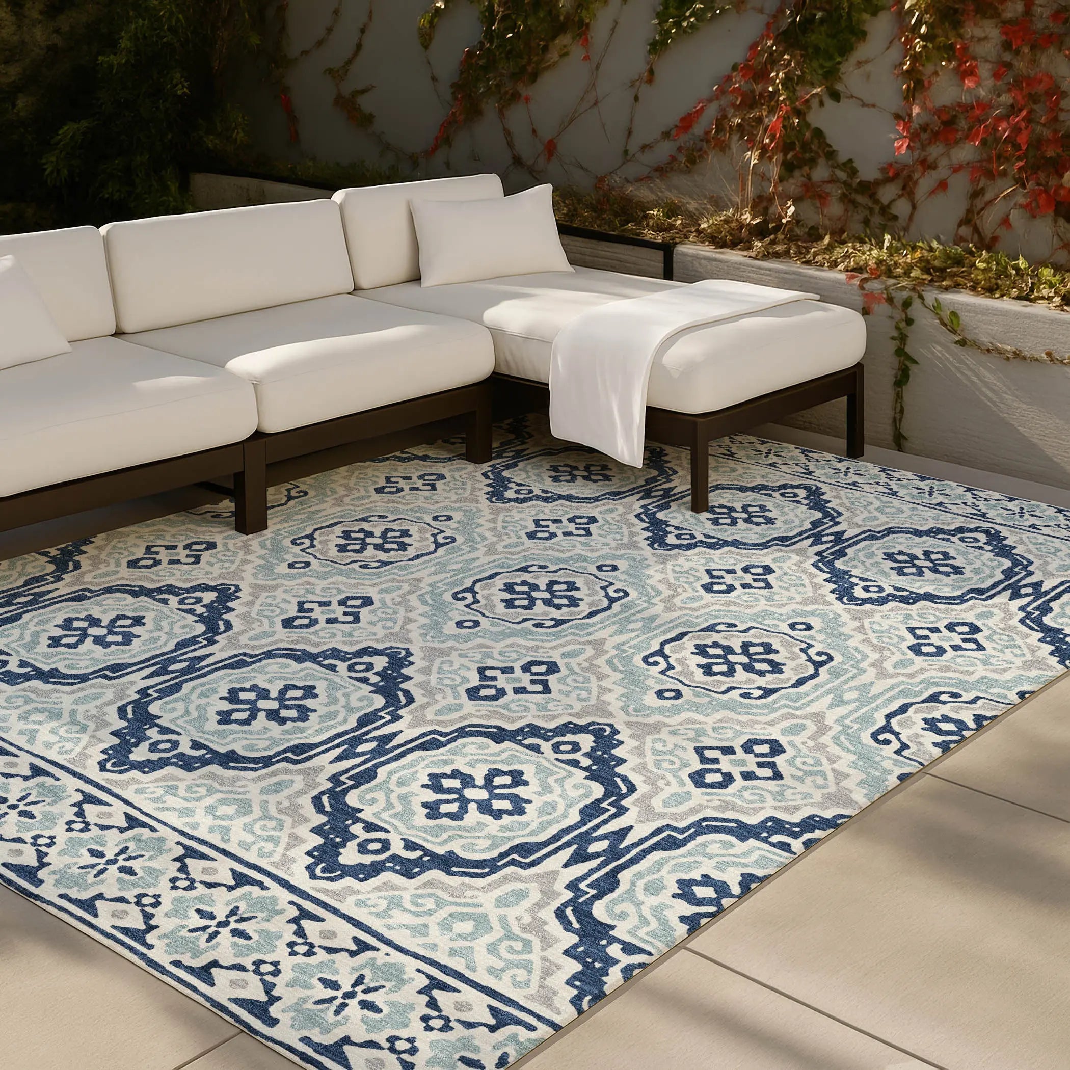 5' X 8' Navy Blue And Aqua Tribal Washable Indoor Outdoor Area Rug Homeroots Outdoor