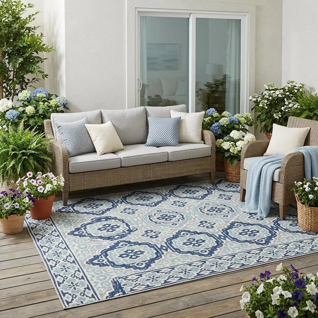 5' X 8' Navy Blue And Aqua Tribal Washable Indoor Outdoor Area Rug Homeroots Outdoor