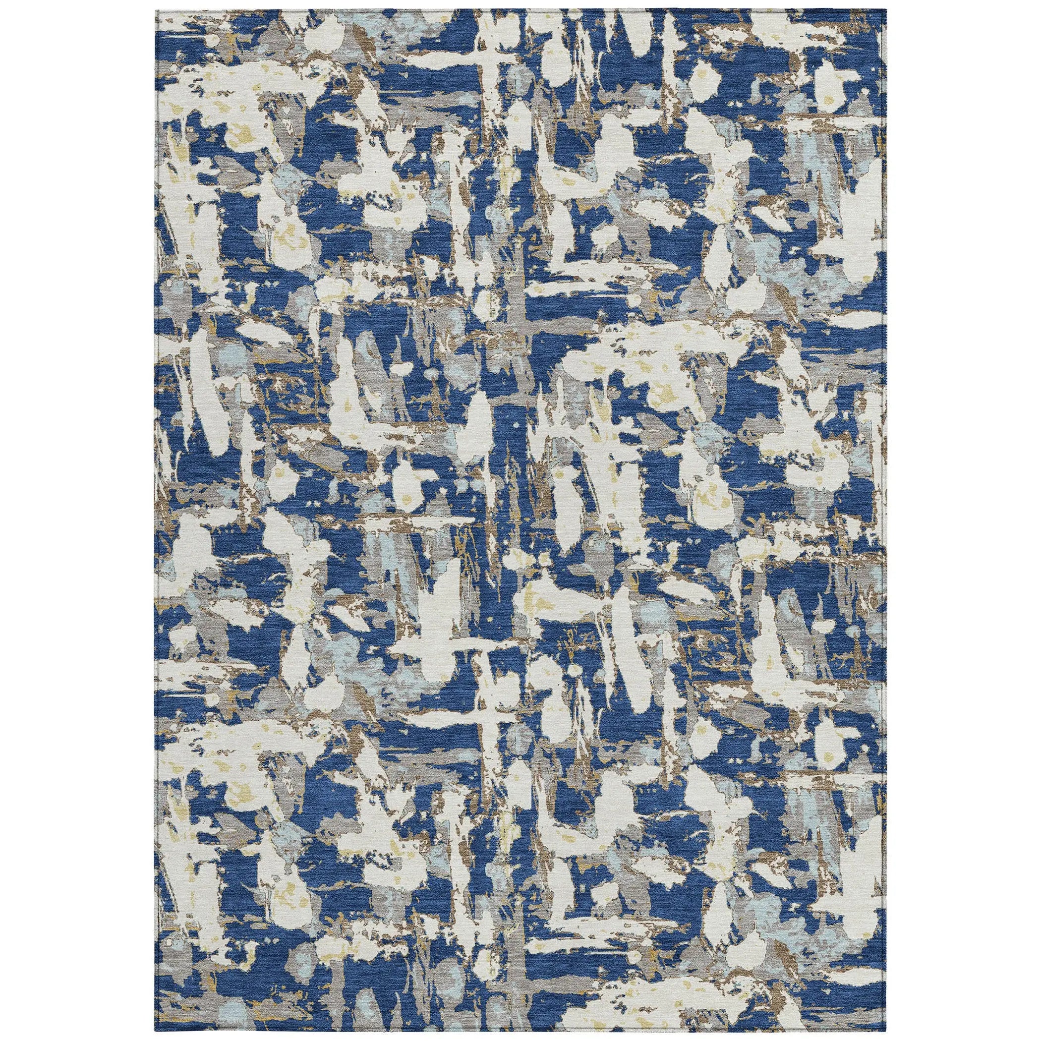 5' X 8' Navy Blue And Beige Abstract Washable Indoor Outdoor Area Rug Homeroots Outdoor