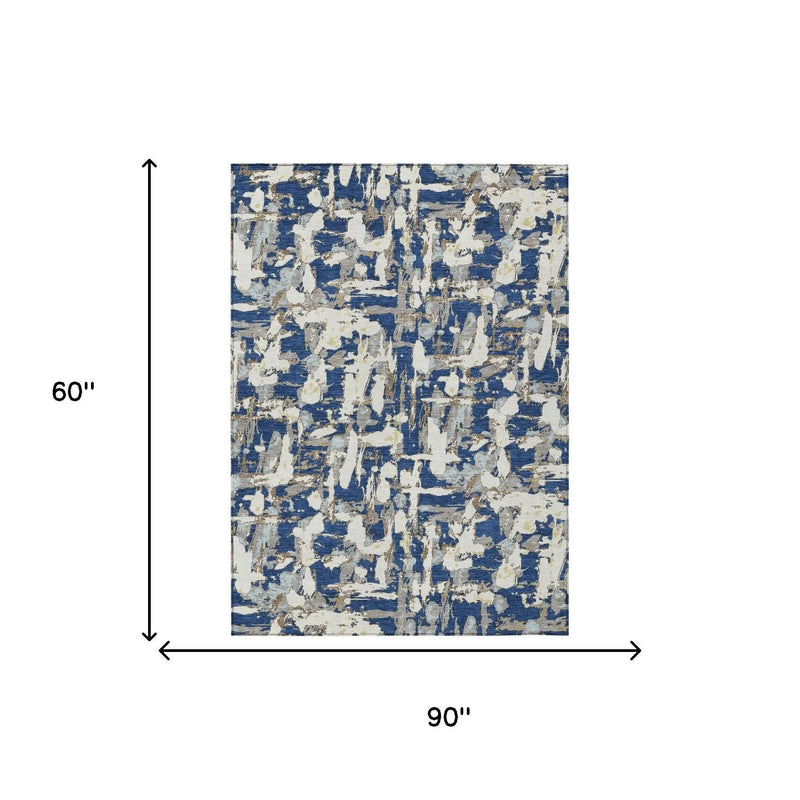 5' X 8' Navy Blue And Beige Abstract Washable Indoor Outdoor Area Rug Homeroots Outdoor