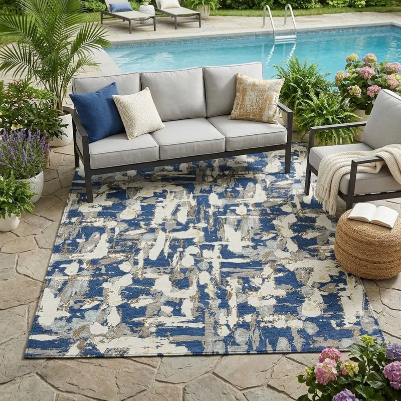 5' X 8' Navy Blue And Beige Abstract Washable Indoor Outdoor Area Rug Homeroots Outdoor