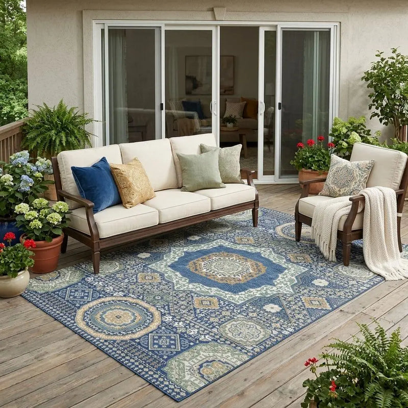 5' X 8' Navy Blue And Beige Oriental Washable Indoor Outdoor Area Rug Homeroots Outdoor
