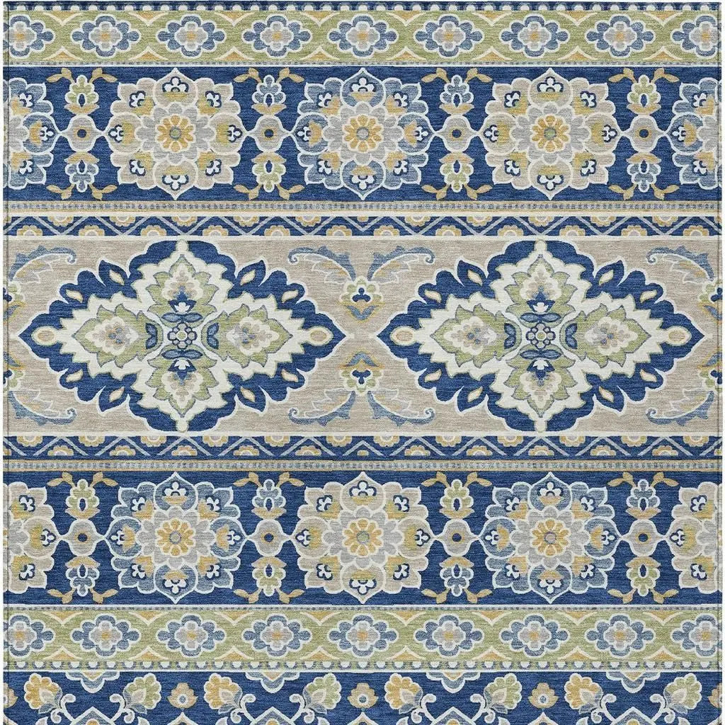 5' X 8' Navy Blue And Beige Tribal Washable Indoor Outdoor Area Rug Homeroots Outdoor