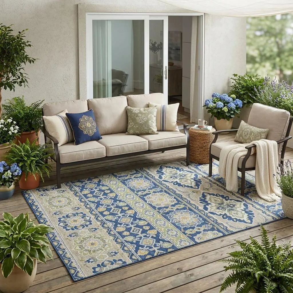 5' X 8' Navy Blue And Beige Tribal Washable Indoor Outdoor Area Rug Homeroots Outdoor