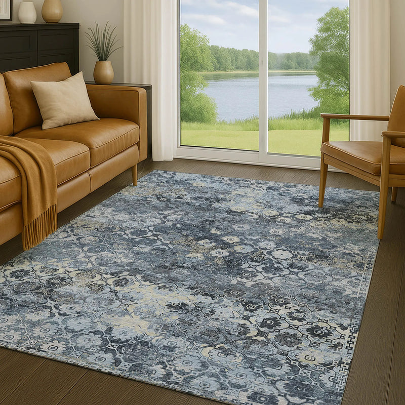 5' X 8' Navy Blue And Blue Abstract Washable Indoor Outdoor Area Rug Homeroots Outdoor