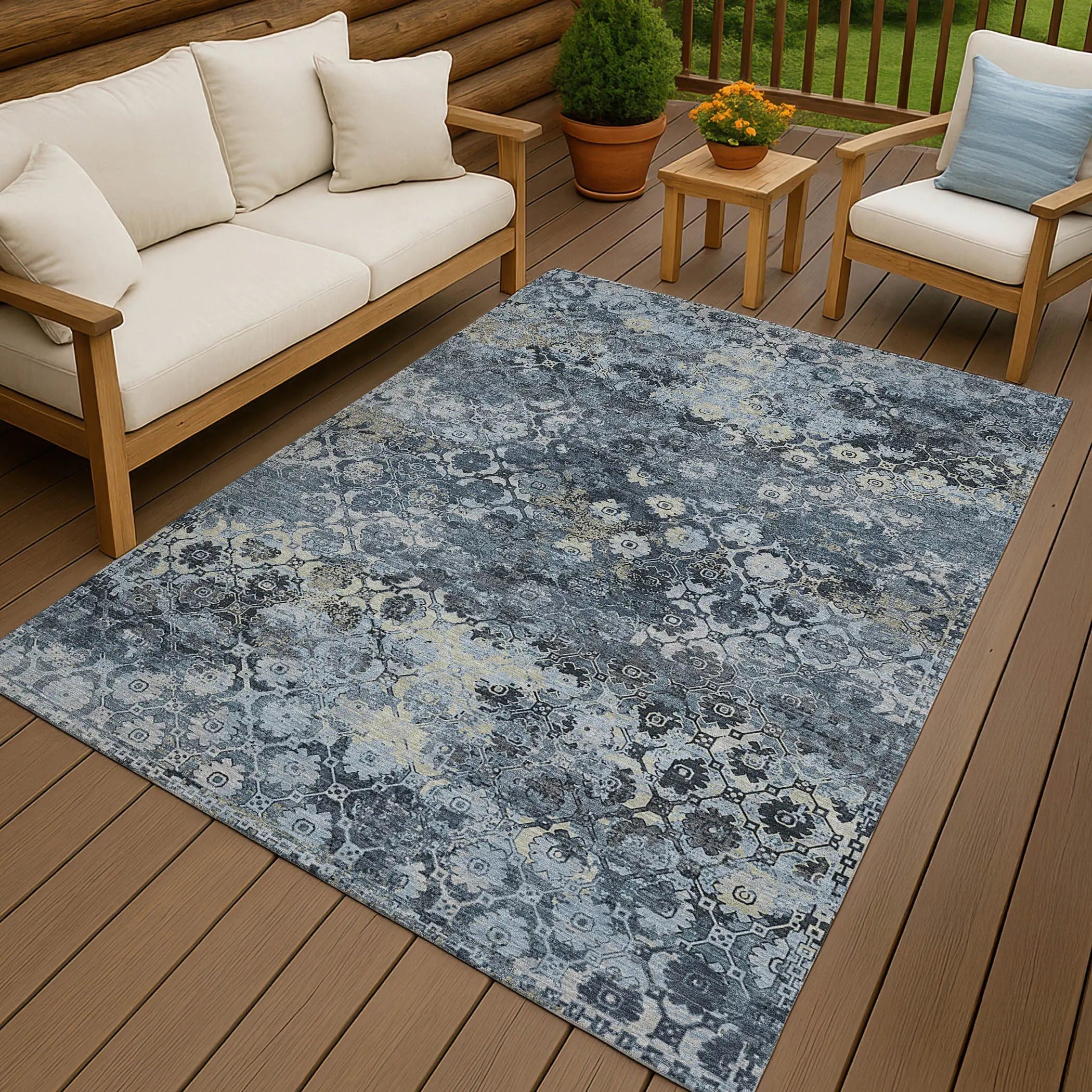 5' X 8' Navy Blue And Blue Abstract Washable Indoor Outdoor Area Rug Homeroots Outdoor