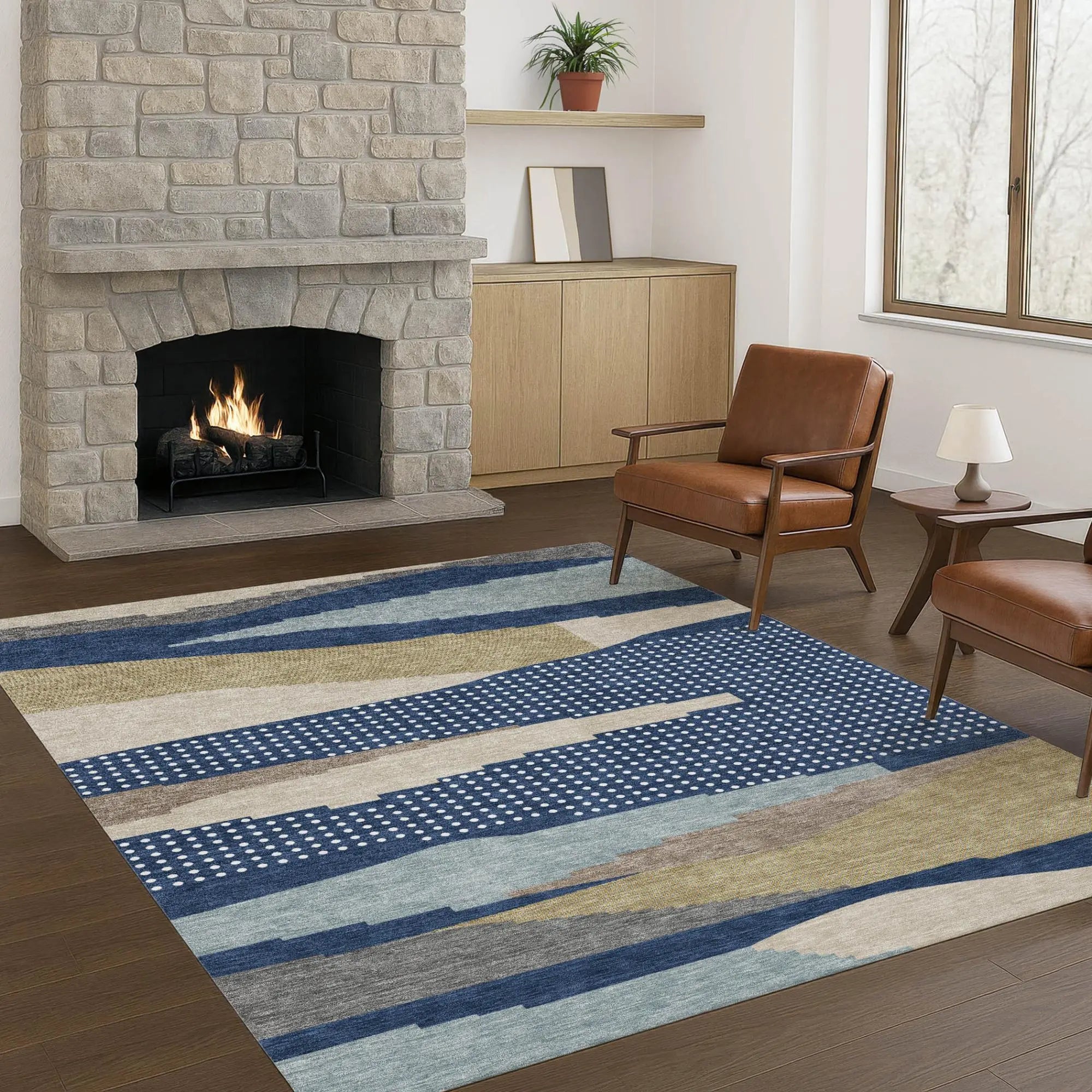 5' X 8' Navy Blue And Blue Abstract Washable Indoor Outdoor Area Rug Homeroots Outdoor