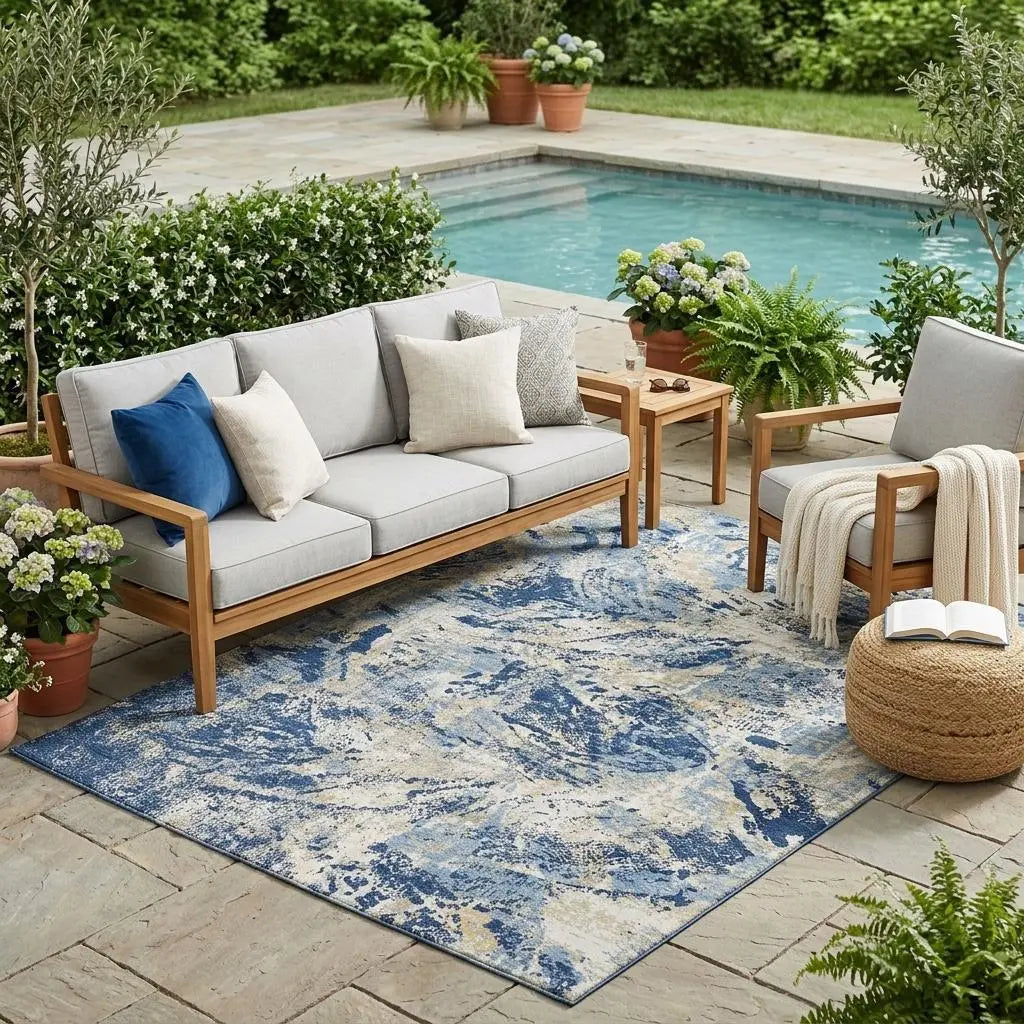 5' X 8' Navy Blue And Blue Abstract Washable Indoor Outdoor Area Rug Homeroots Outdoor