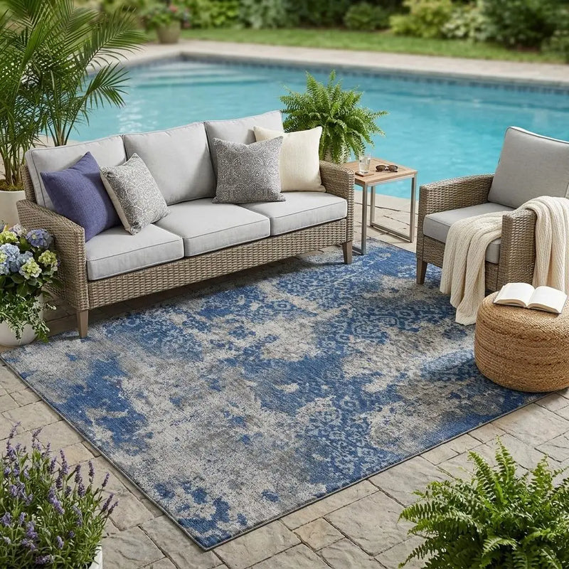 5' X 8' Navy Blue And Blue Abstract Washable Indoor Outdoor Area Rug Homeroots Outdoor
