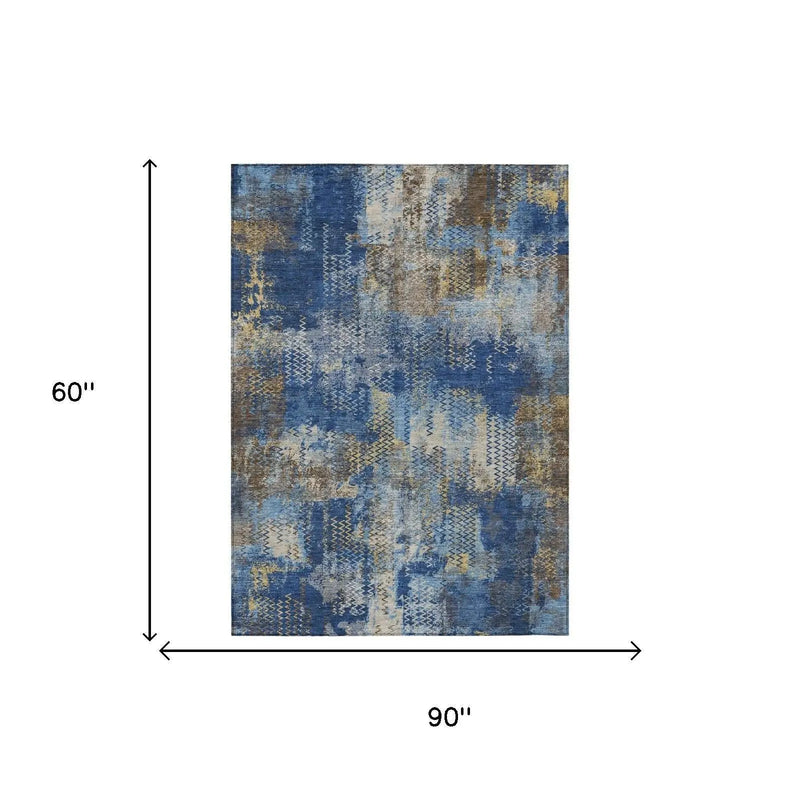 5' X 8' Navy Blue And Blue Abstract Washable Indoor Outdoor Area Rug Homeroots Outdoor