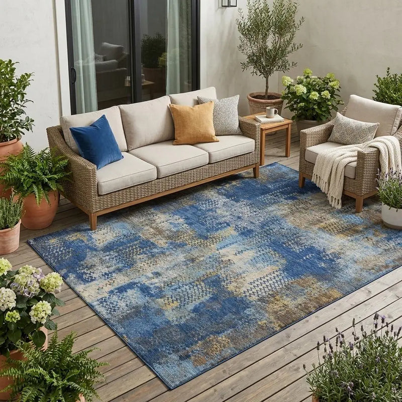 5' X 8' Navy Blue And Blue Abstract Washable Indoor Outdoor Area Rug Homeroots Outdoor