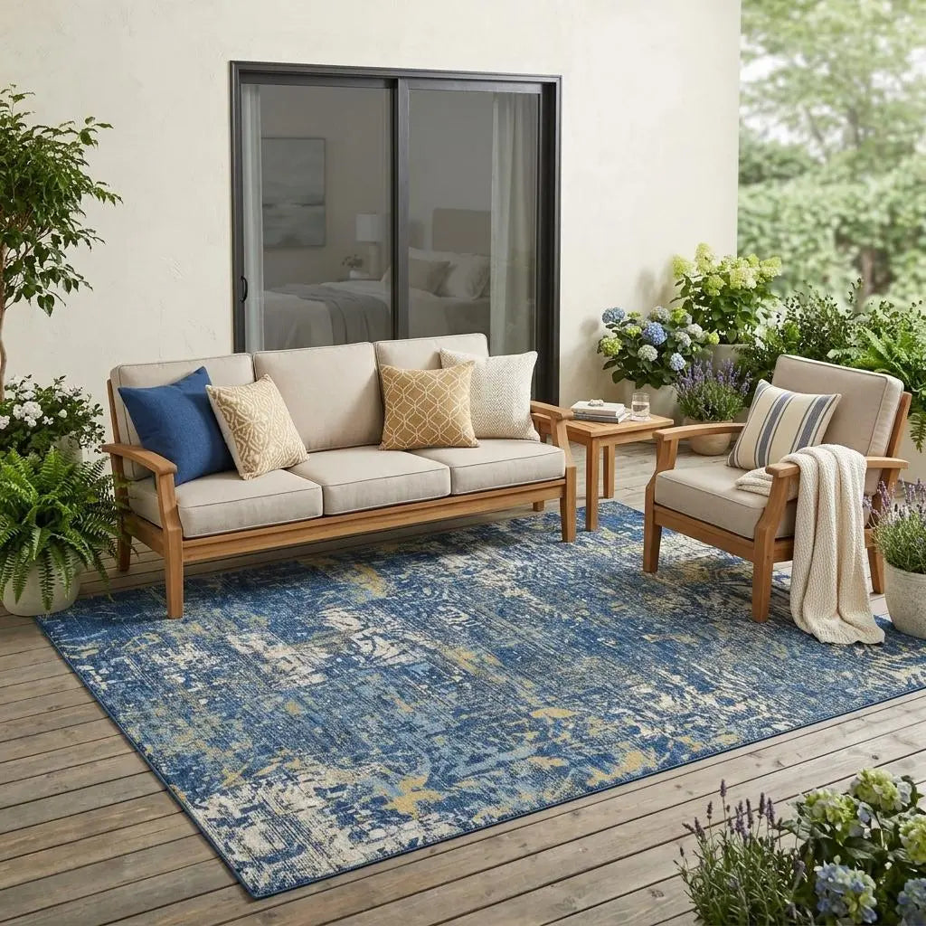 5' X 8' Navy Blue And Blue Abstract Washable Indoor Outdoor Area Rug Homeroots Outdoor
