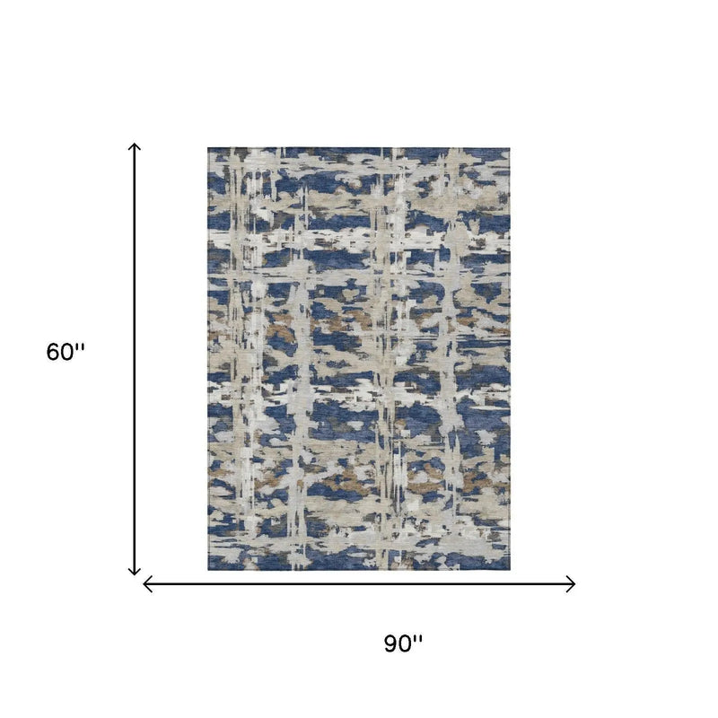 5' X 8' Navy Blue And Blue Abstract Washable Indoor Outdoor Area Rug Homeroots Outdoor