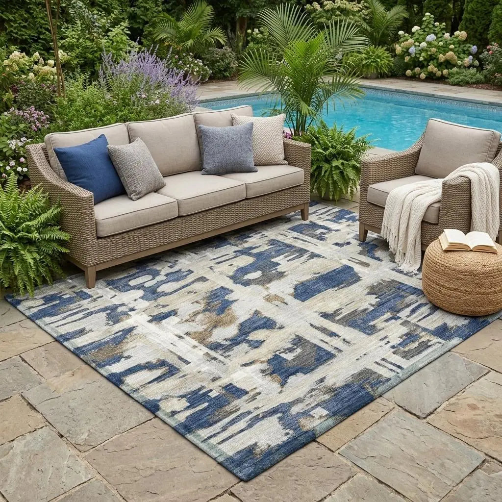 5' X 8' Navy Blue And Blue Abstract Washable Indoor Outdoor Area Rug Homeroots Outdoor
