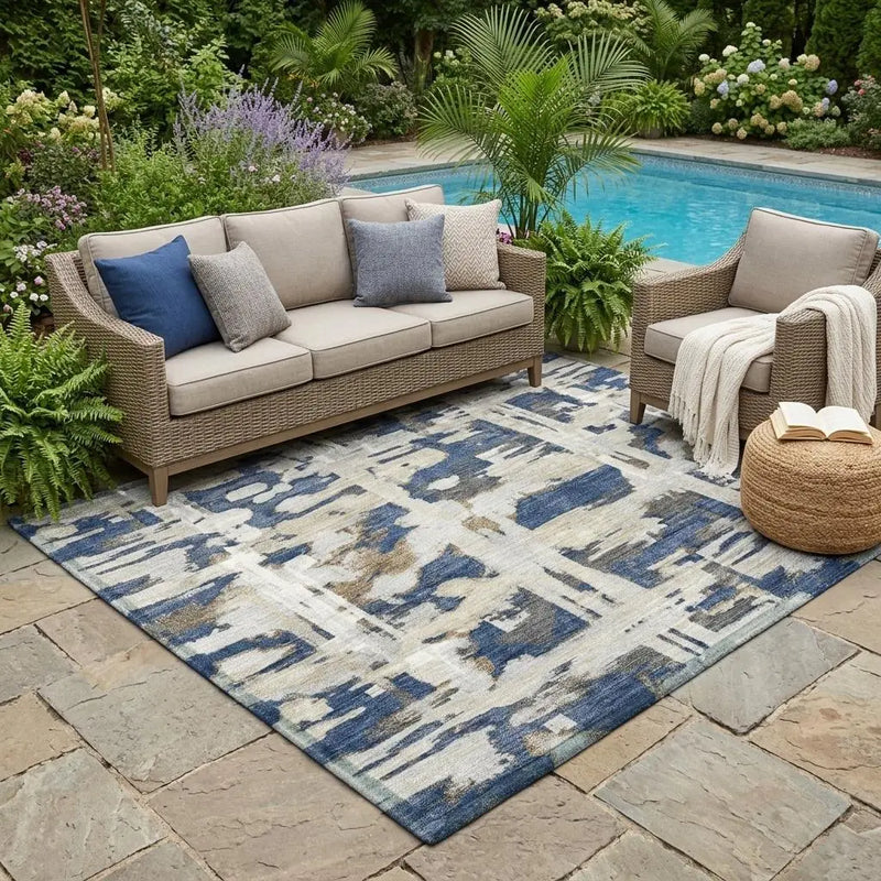 5' X 8' Navy Blue And Blue Abstract Washable Indoor Outdoor Area Rug Homeroots Outdoor