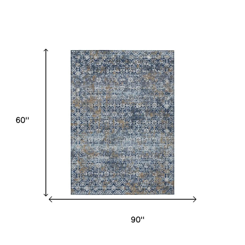 5' X 8' Navy Blue And Blue Abstract Washable Indoor Outdoor Area Rug Homeroots Outdoor
