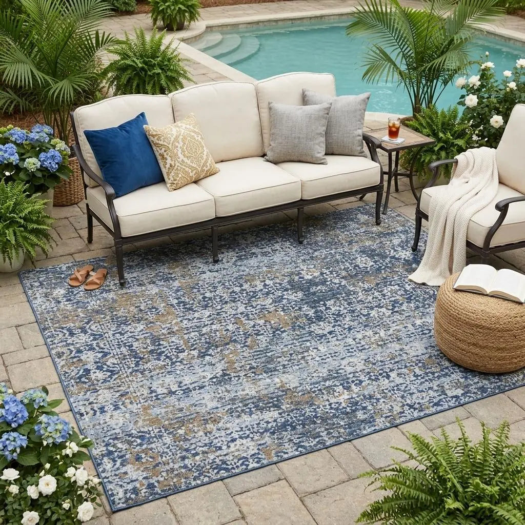 5' X 8' Navy Blue And Blue Abstract Washable Indoor Outdoor Area Rug Homeroots Outdoor