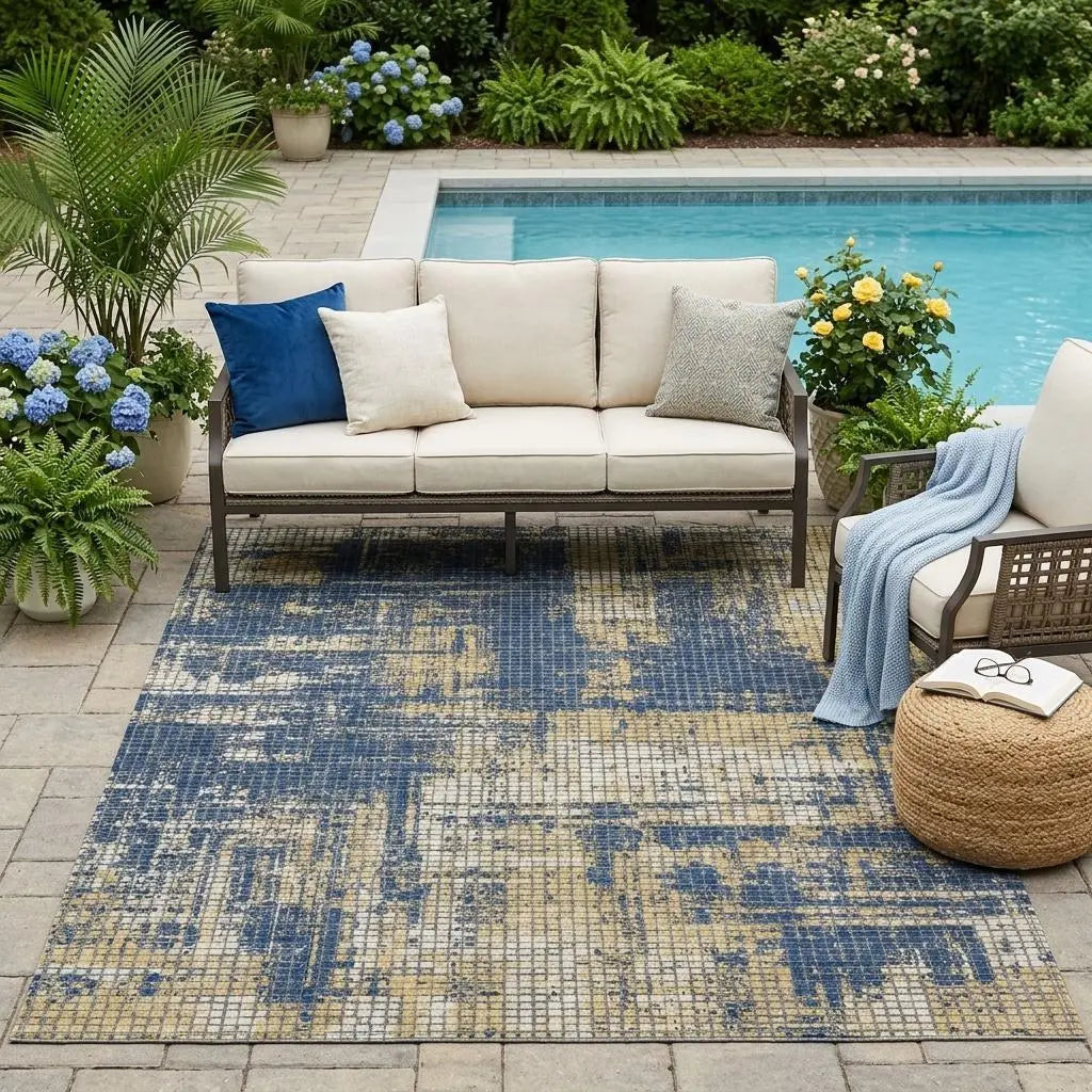 5' X 8' Navy Blue And Blue Abstract Washable Indoor Outdoor Area Rug Homeroots Outdoor