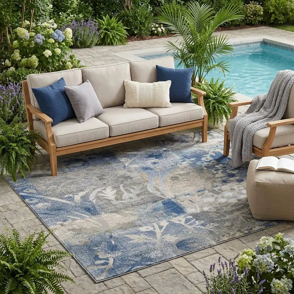 5' X 8' Navy Blue And Blue Botanical Leaves Washable Indoor Outdoor Area Rug Homeroots Outdoor