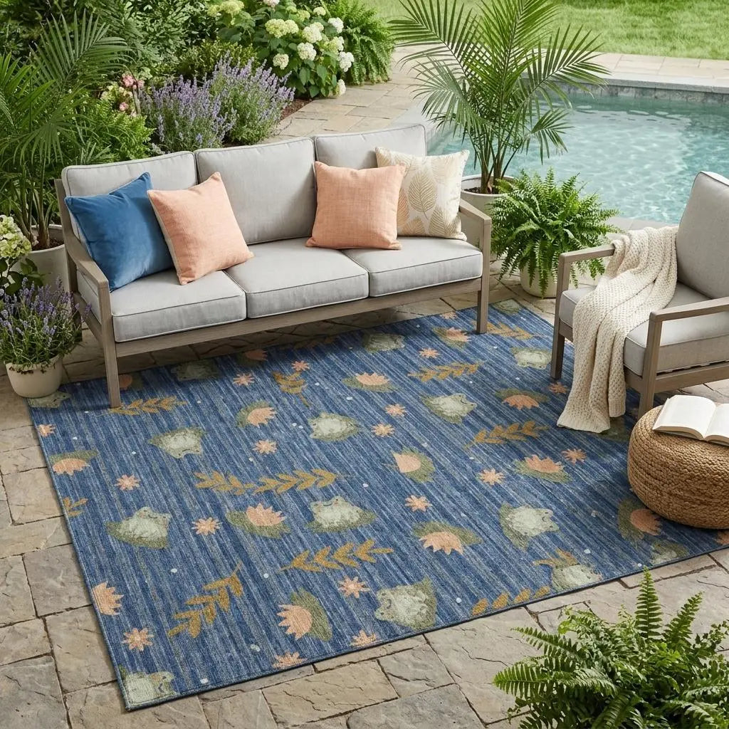 5' X 8' Navy Blue And Blue Botanical Leaves Washable Indoor Outdoor Area Rug Homeroots Outdoor