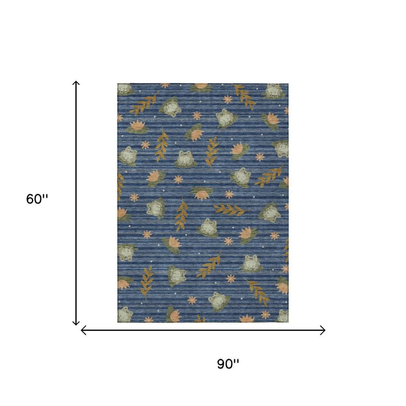 5' X 8' Navy Blue And Blue Botanical Leaves Washable Indoor Outdoor Area Rug Homeroots Outdoor