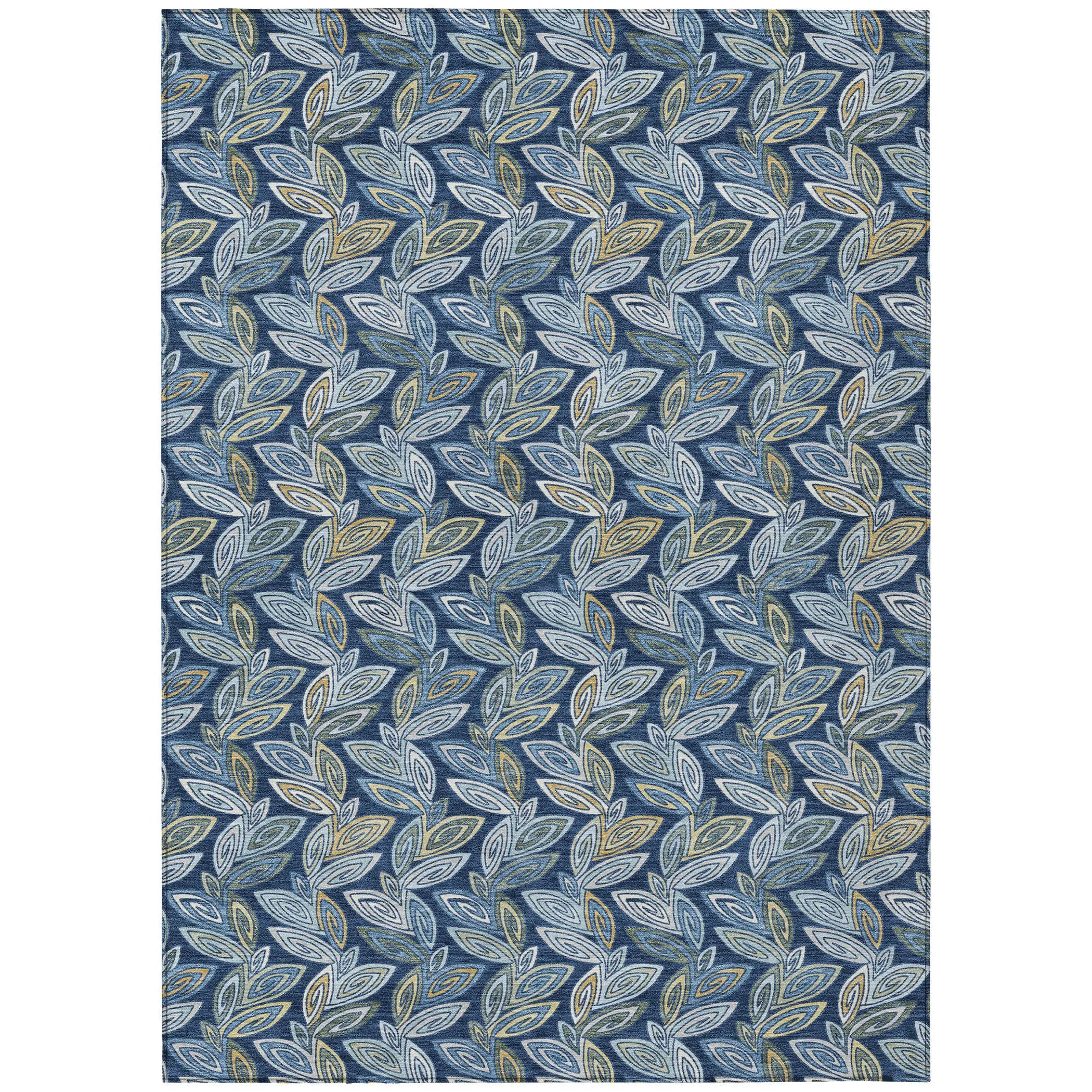 5' X 8' Navy Blue And Blue Botanical Leaves Washable Indoor Outdoor Area Rug Homeroots Outdoor
