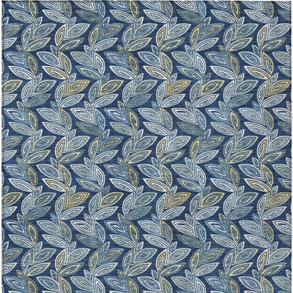 5' X 8' Navy Blue And Blue Botanical Leaves Washable Indoor Outdoor Area Rug Homeroots Outdoor