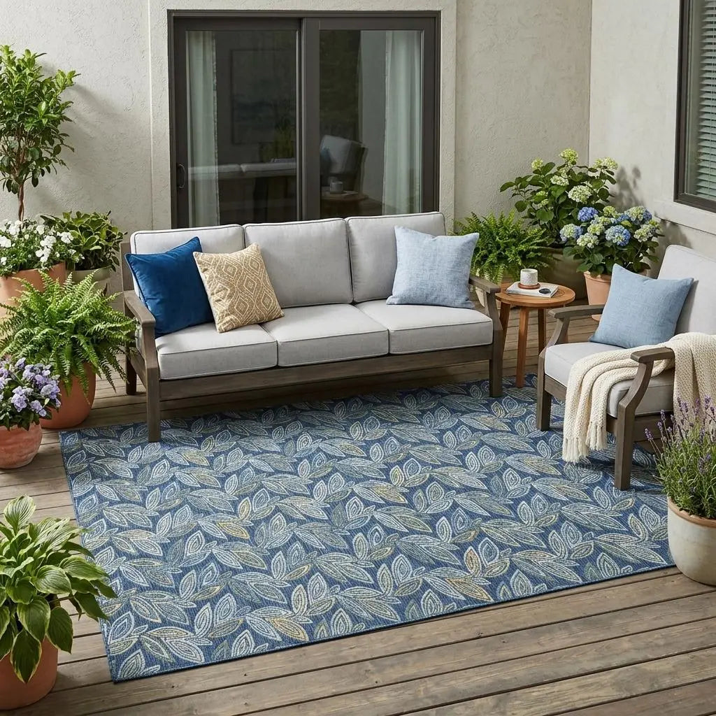 5' X 8' Navy Blue And Blue Botanical Leaves Washable Indoor Outdoor Area Rug Homeroots Outdoor