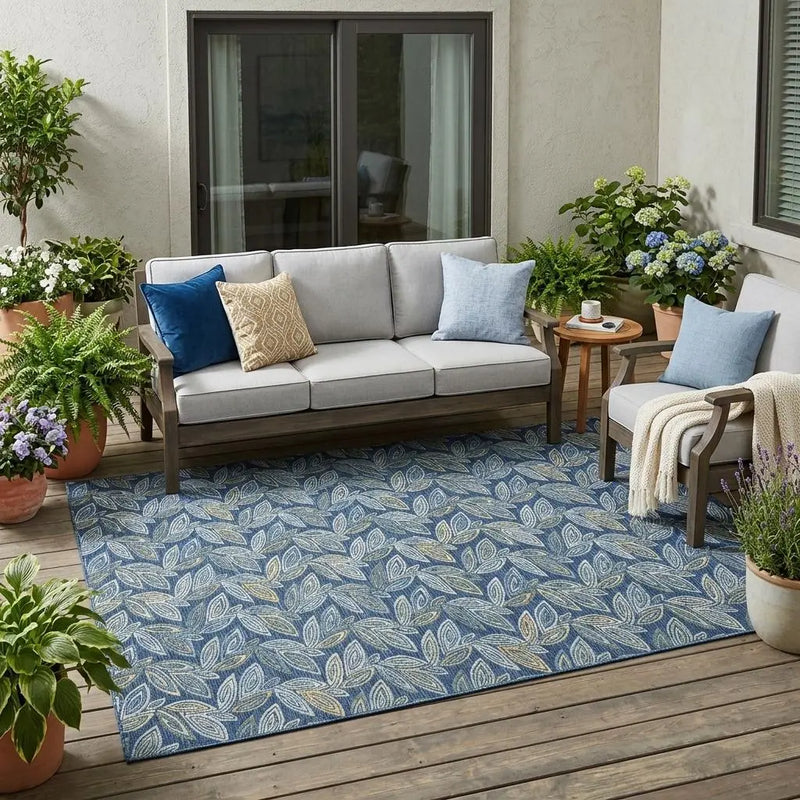 5' X 8' Navy Blue And Blue Botanical Leaves Washable Indoor Outdoor Area Rug Homeroots Outdoor