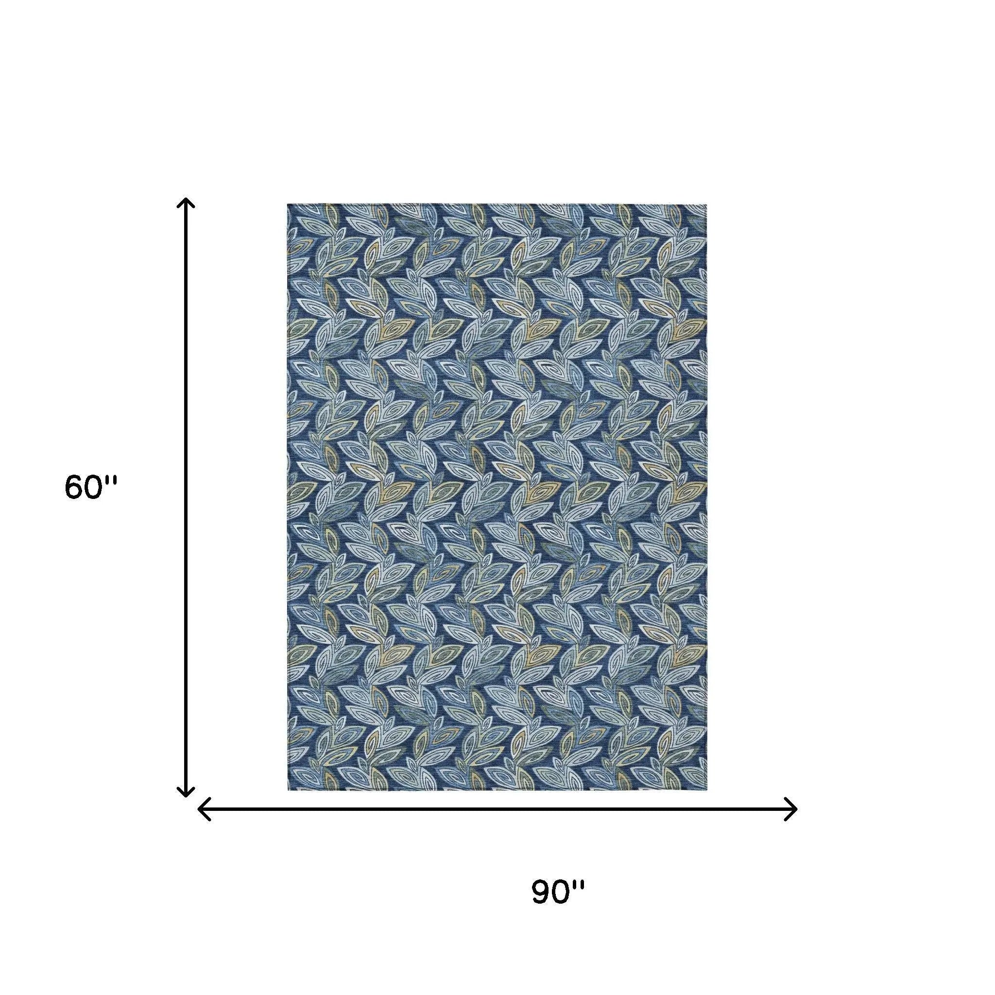 5' X 8' Navy Blue And Blue Botanical Leaves Washable Indoor Outdoor Area Rug Homeroots Outdoor