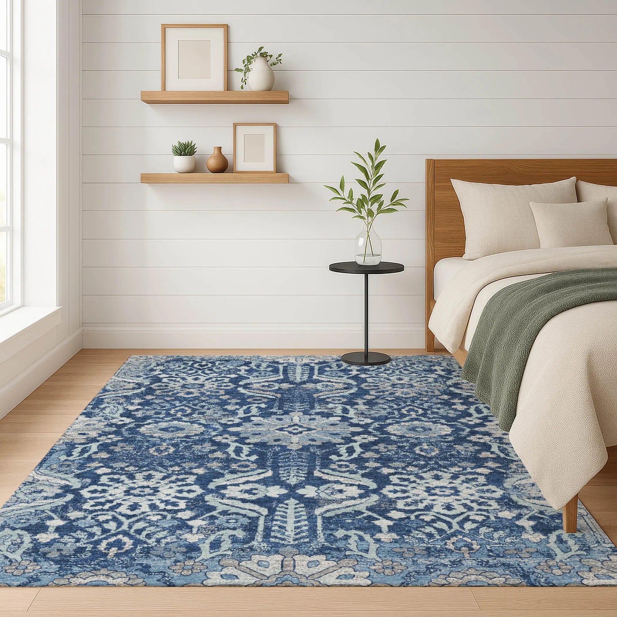 5' X 8' Navy Blue And Blue Damask Washable Indoor Outdoor Area Rug Homeroots Outdoor