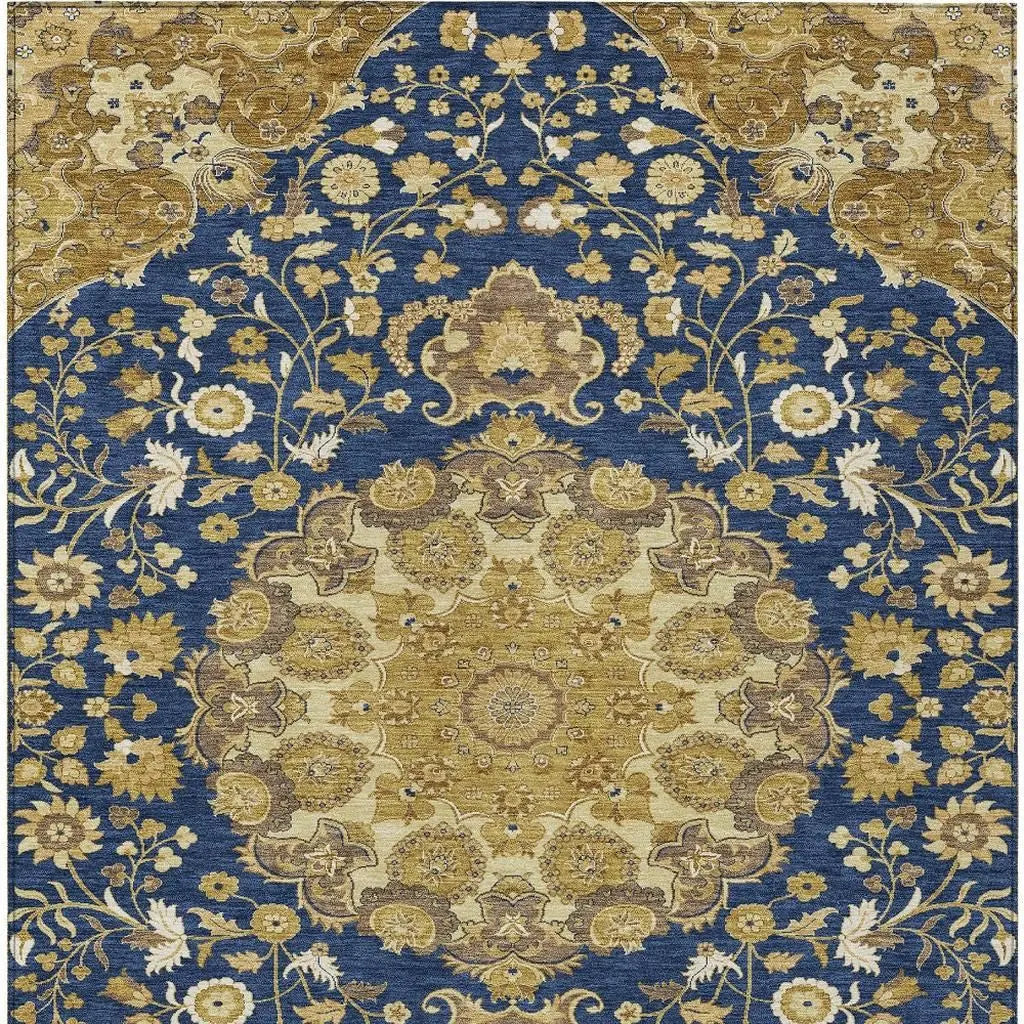 5' X 8' Navy Blue And Blue Damask Washable Indoor Outdoor Area Rug Homeroots Outdoor